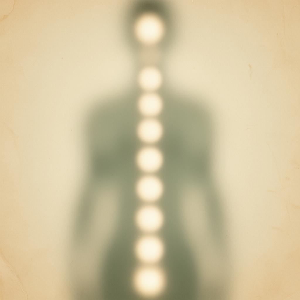 Abstract therapeutic visualization of the human spine as a series of glowing orbs
